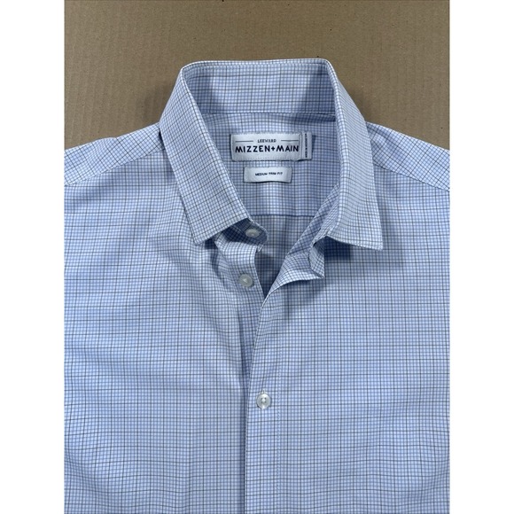 Mizzen + Main Shirt Mens Medium Leeward Trim Fit Button Stretch Plaid Blue White - Picture 1 of 9